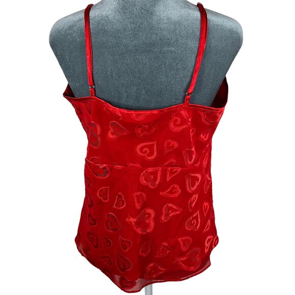 Y2K Babydoll Camisole Tank Top Medium Red Textured Hearts Mesh Overlay Satin Vtg - Picture 2 of 15